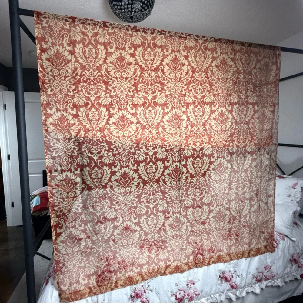 Waverly Damask Sheer Curtain Panel Red Floral Cottagecore Farmhouse French